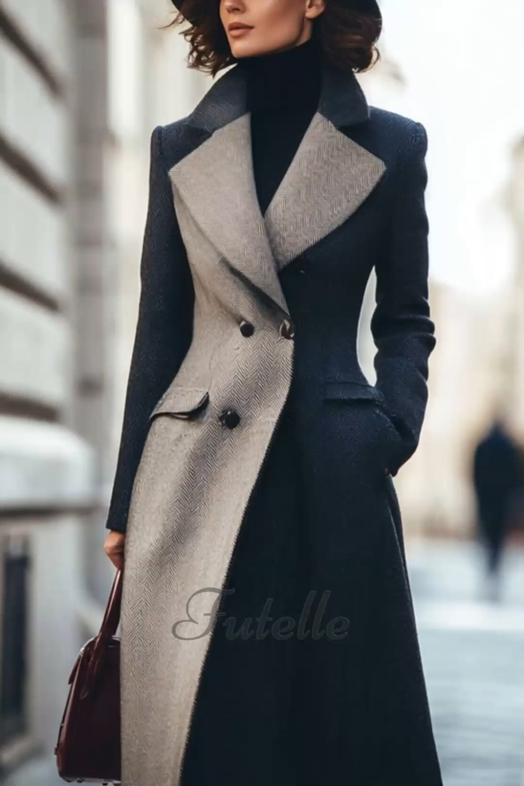 Classy Contrast Color Double Breasted Long Wool Coat