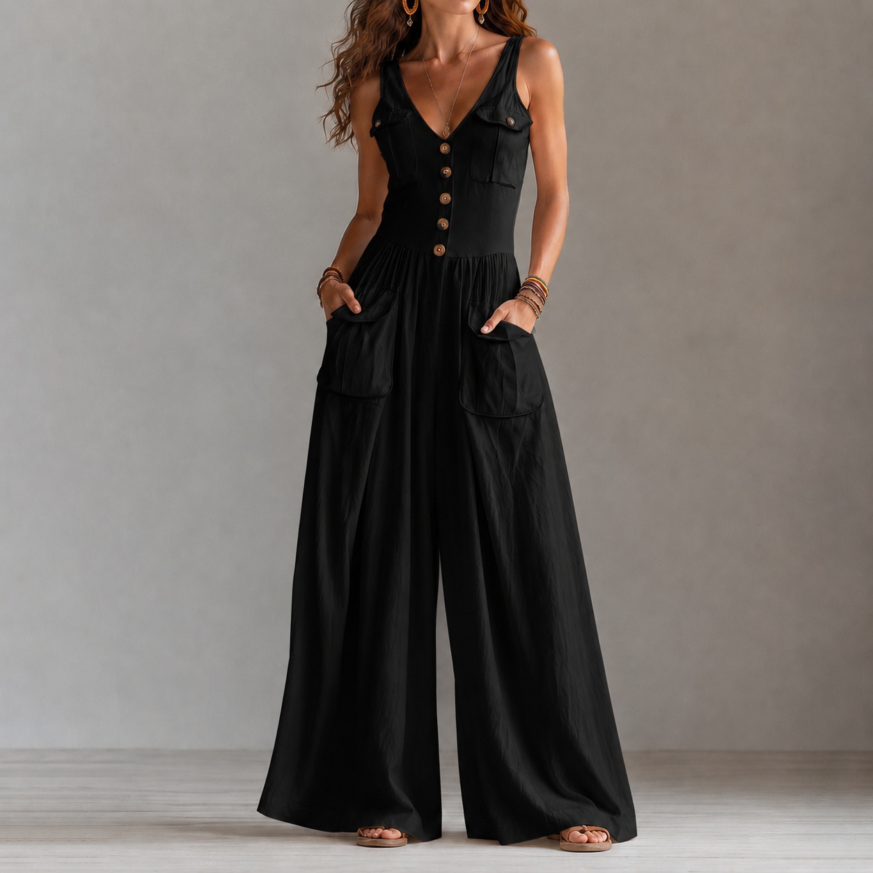 Retro V-neck Button-down Vest Jumpsuit