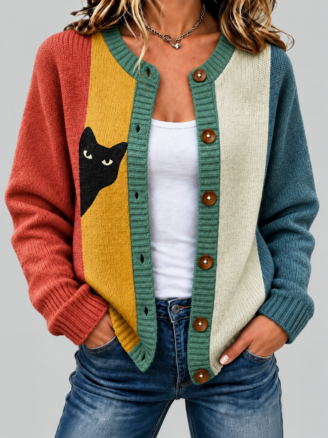 Playful Black Cat Colorblock Button Front Knit Cardigan Sweater