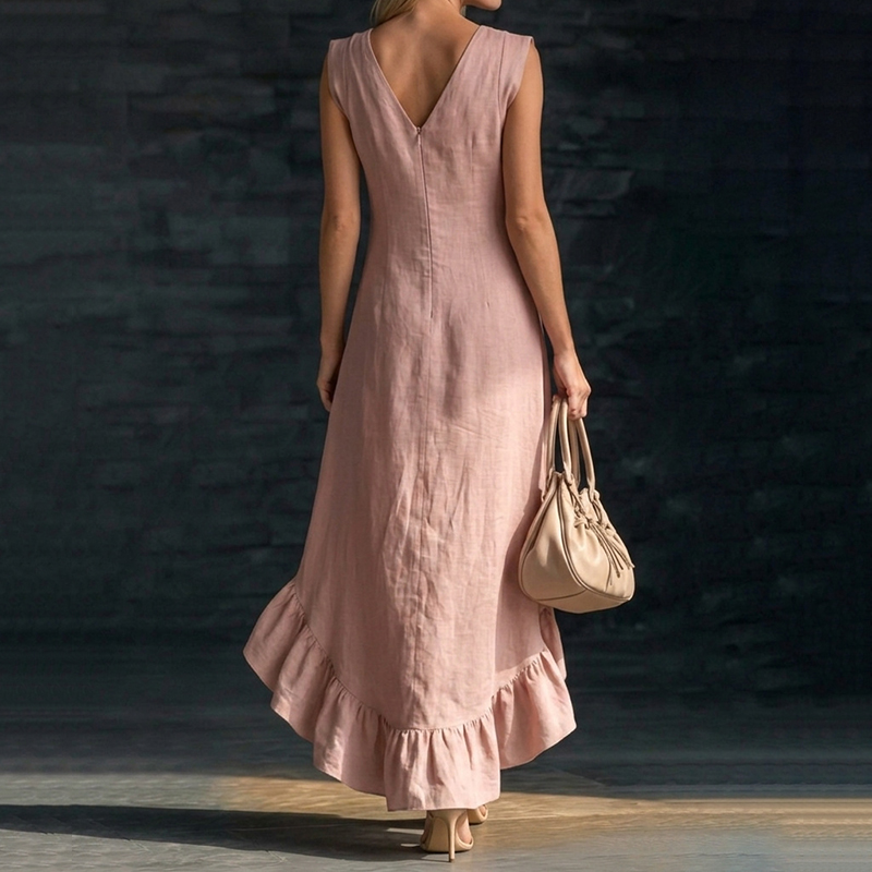 Sleeveless V-neck Ruffled Hem Linen Dress
