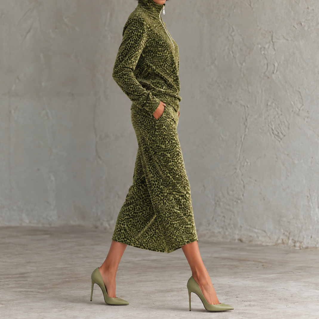 Leopard-print Long-sleeved Two-piece Set 