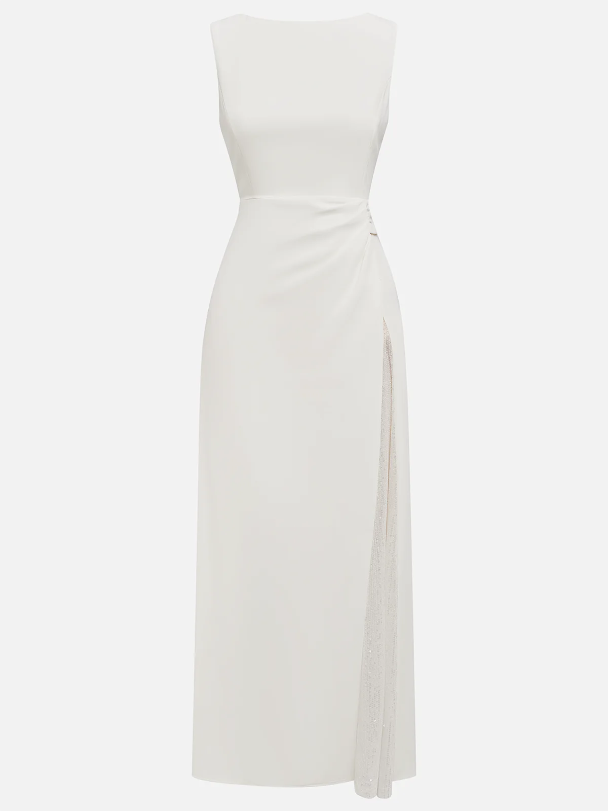 Pleated Solid Color Patchwork Sleeveless Round Neck Maxi Dress