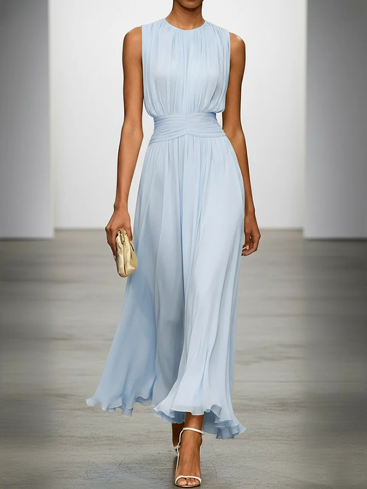 Elegant Solid Color Fitted Waist Round Neck Sleeveless Midi Dress
