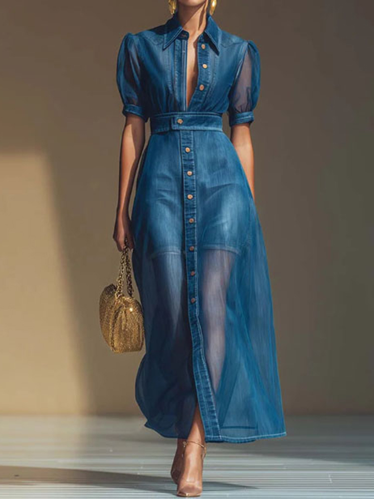 Soft Tencel Denim Elegant Plain Puff Sleeve Split Joint Shirt Collar Maxi Dress