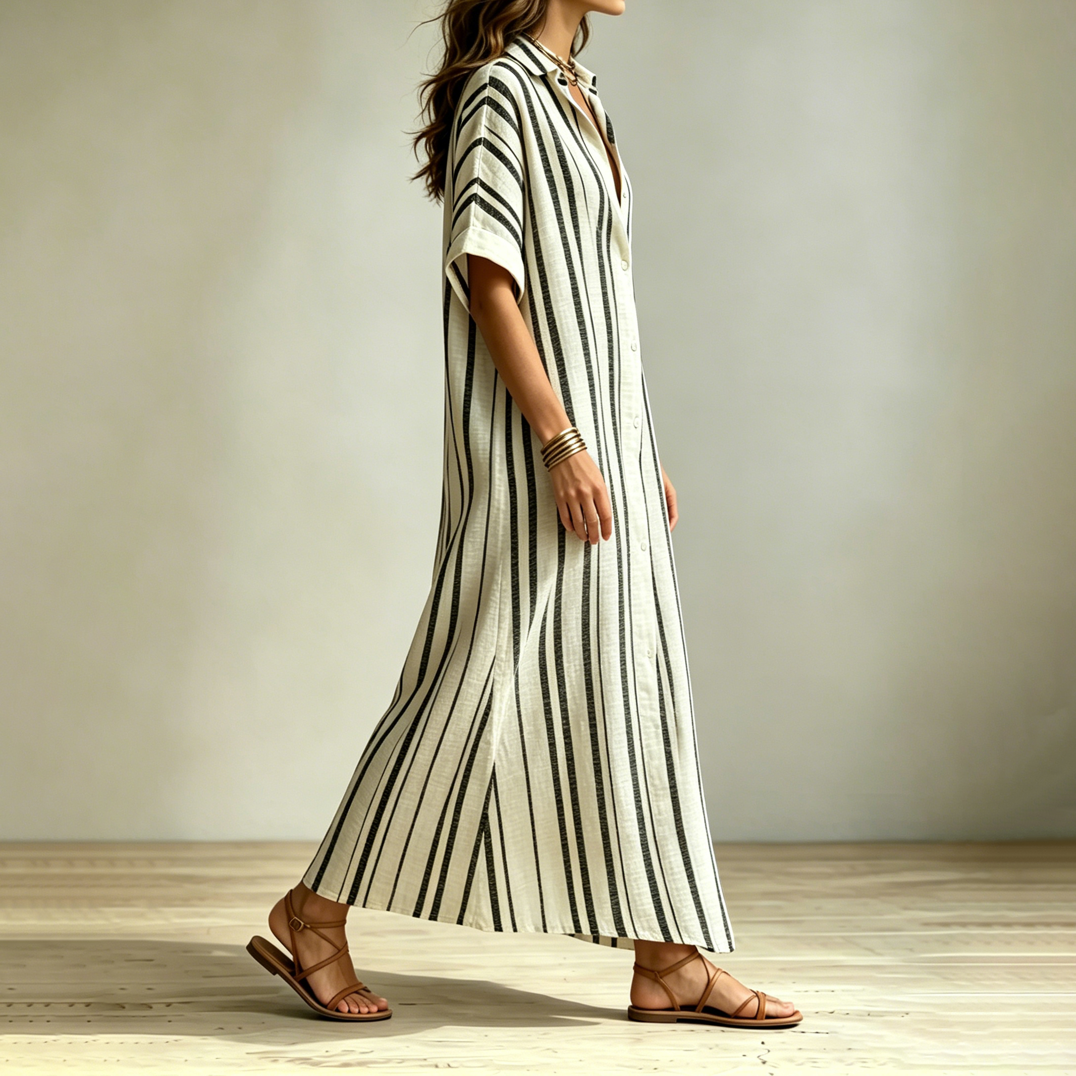 Vacation V-neck Striped Design Solid Color Loose Fit Maxi Dress