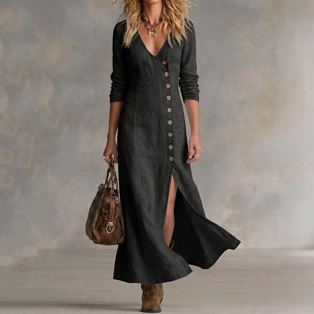Casual Linen Long-sleeved Button Placket Dress