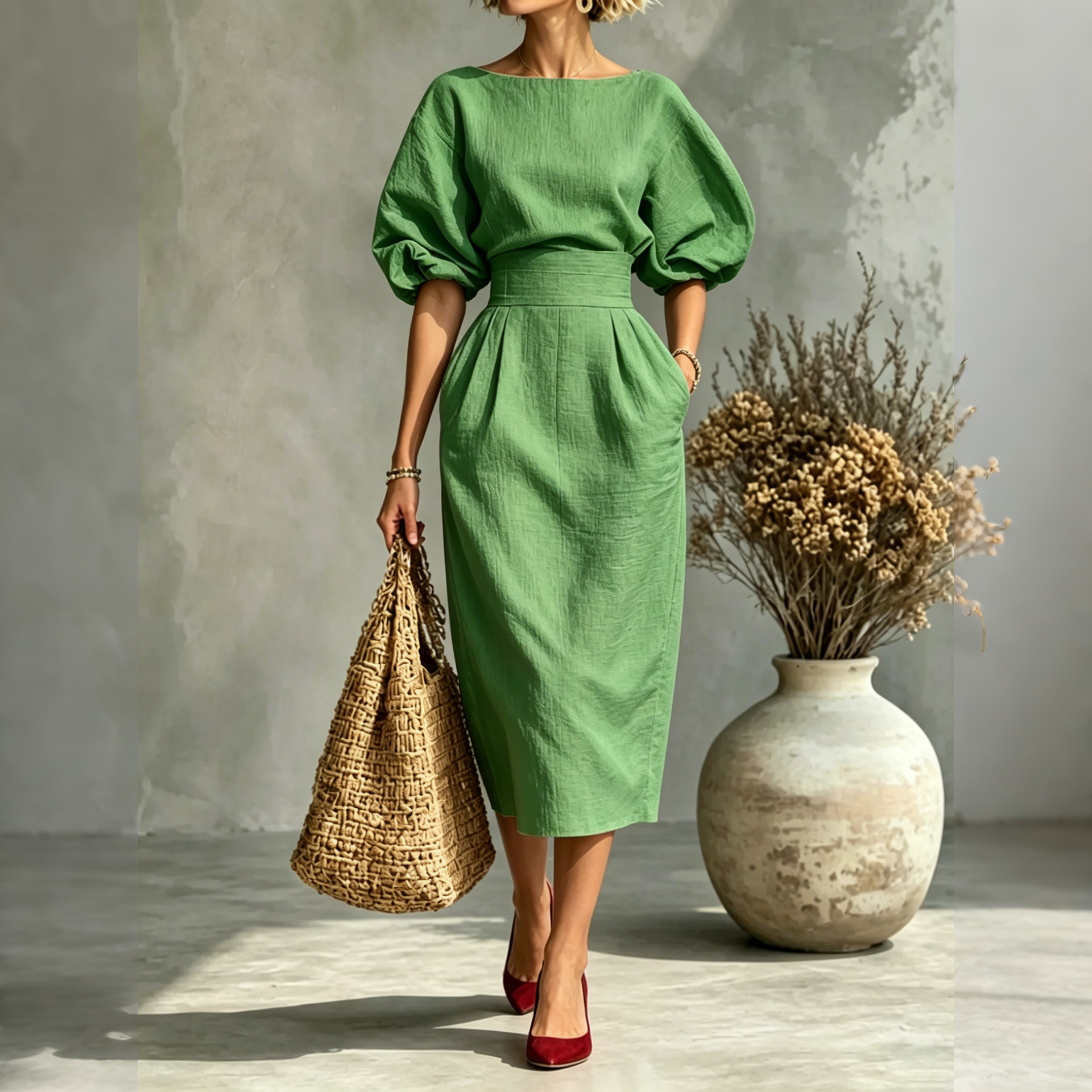 Elegant Pleated Waist Boat Neck A-line Skirt With Puff Sleeves Max Dress