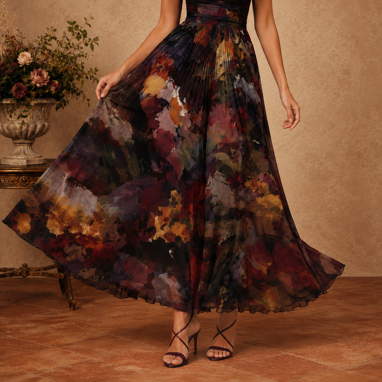 Retro Oil Painting Print V-neck Short-sleeved Chiffon Maxi Dress