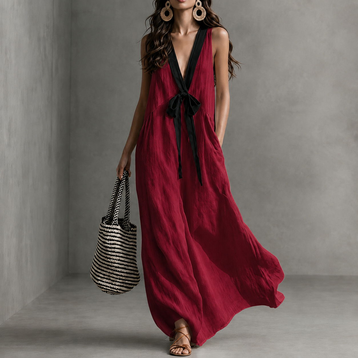 Elegant V-neck Halter Neck Sleeveless  Maxi Dress