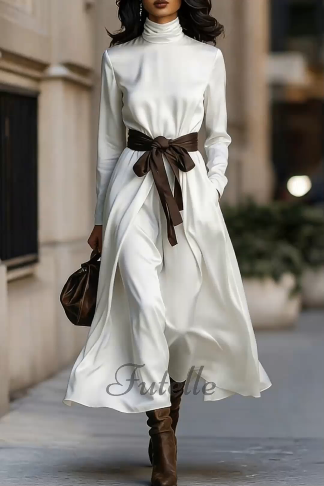 Classy Color Blocked Belted Turtleneck Flowy Maxi Dress
