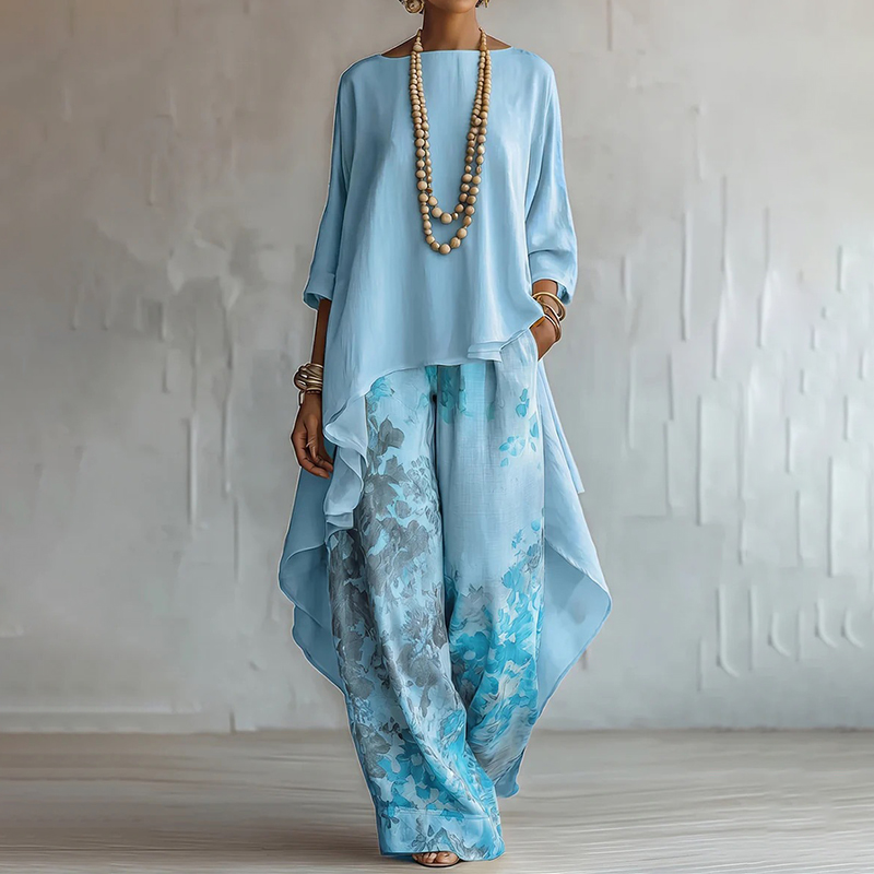 Elegant Flower Print Irregular Shirt And Wide Leg Pants Two Piece Set