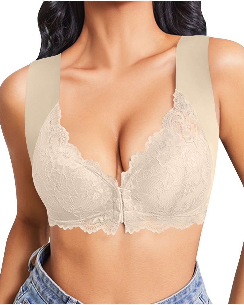 Women's Contrast Lace Hook & Eye Front Pushup Bra