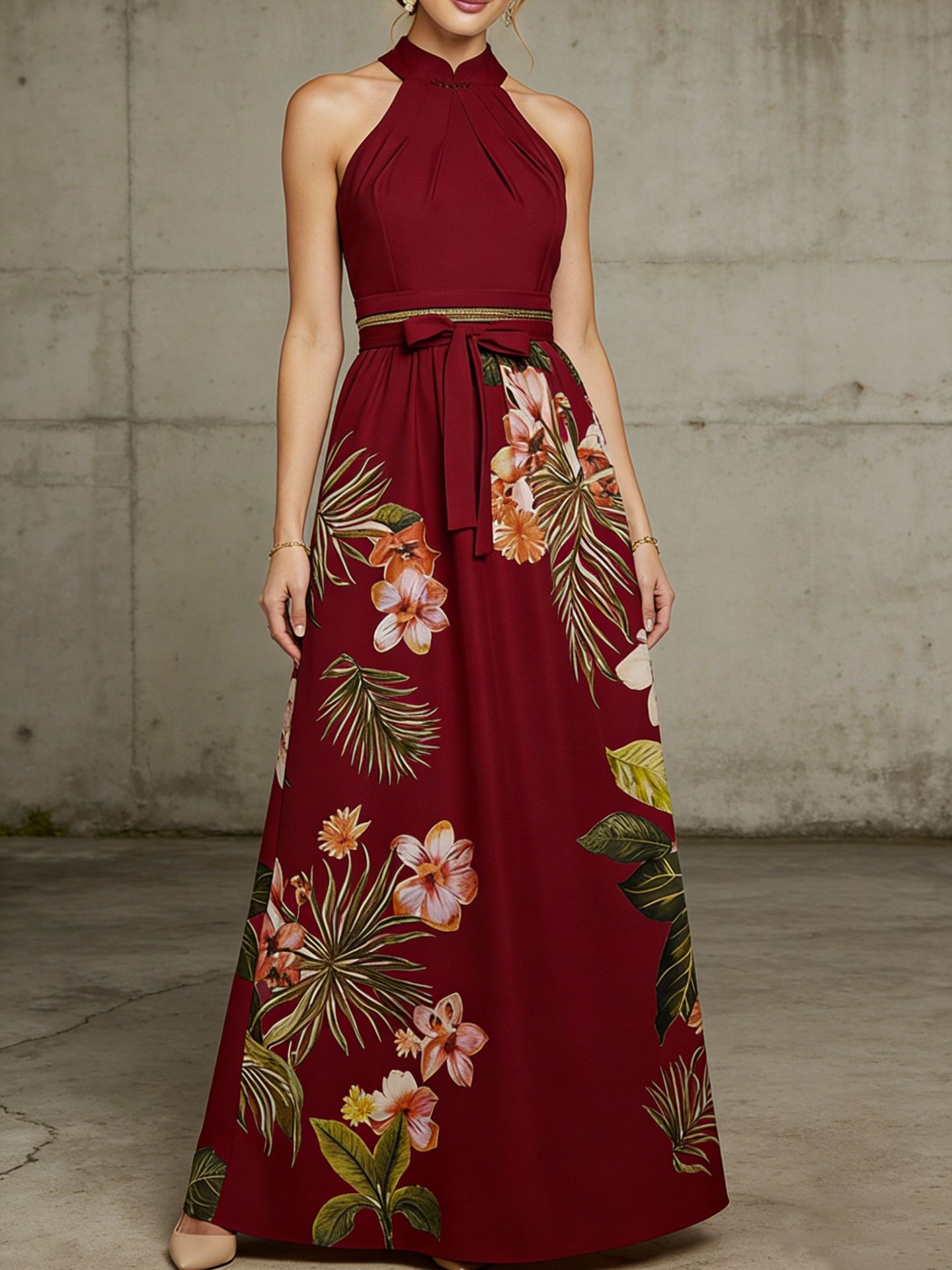 Sleeveless A-line Floral Halterneck Maxi Dress