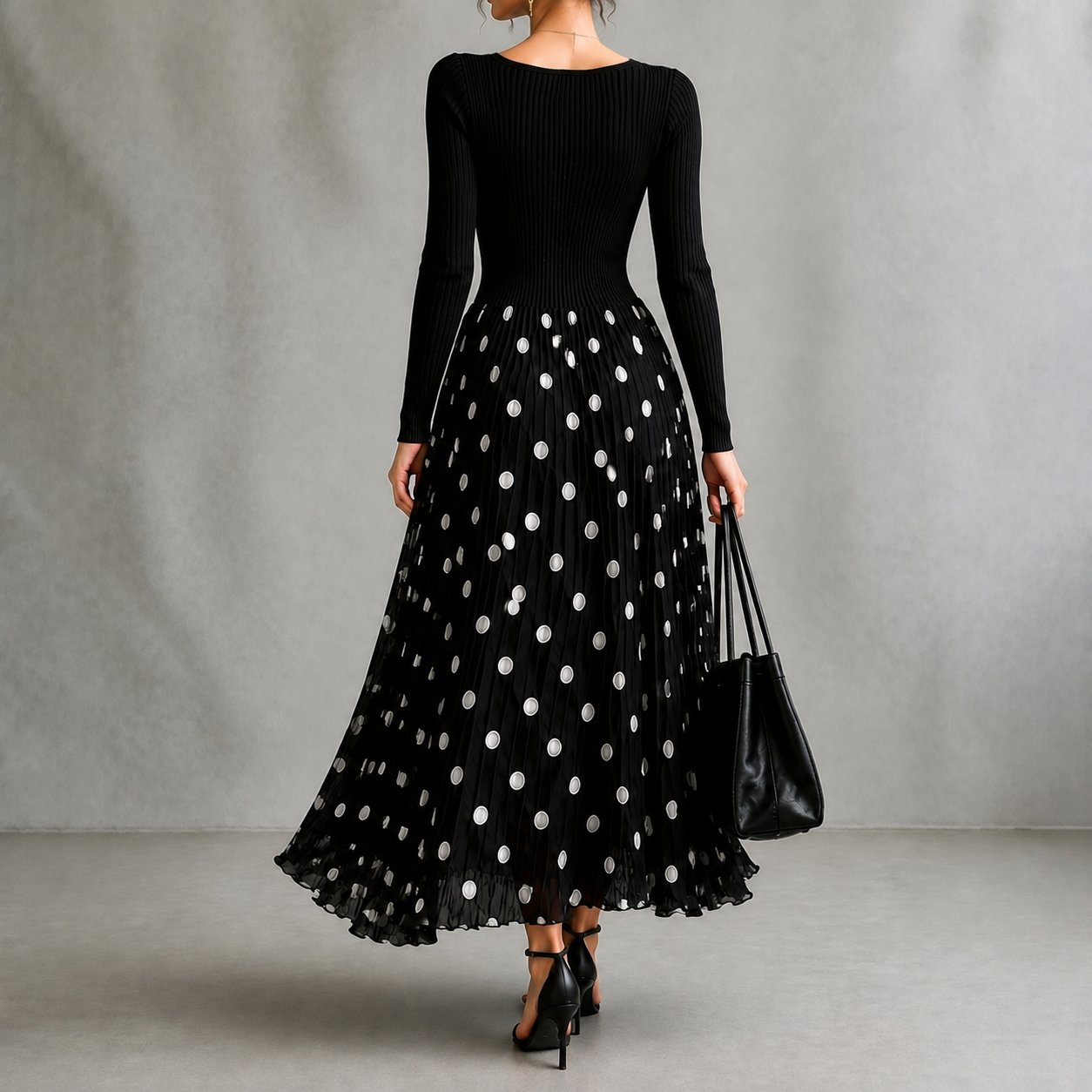 Elegant Stretch Fabric Polka Dot Square Neck Long Sleeve Maxi Dress
