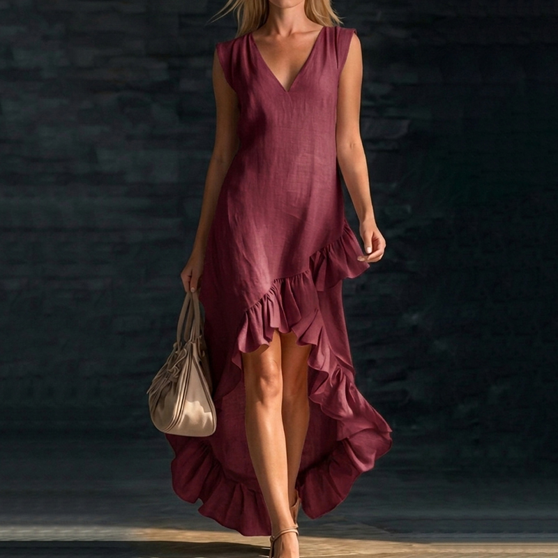 Sleeveless V-neck Ruffled Hem Linen Dress