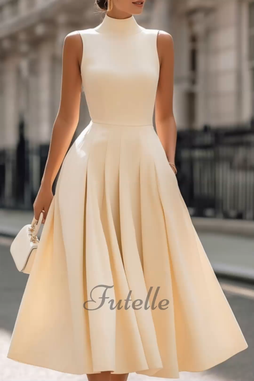 Classy Simple Turtleneck Pleated Maxi Dress