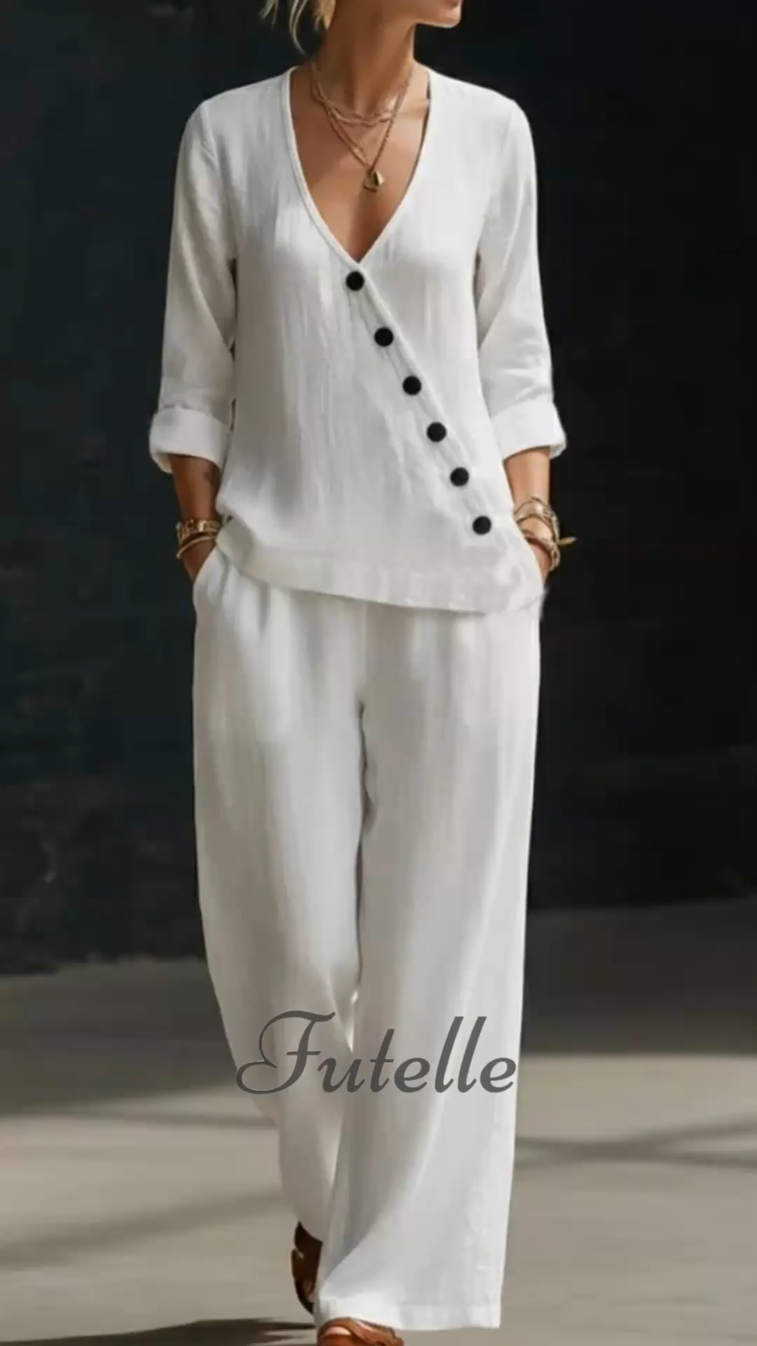 Minimalist Loose V-neck Slant-button Shirt And Wide-leg Pants Two-piece Set