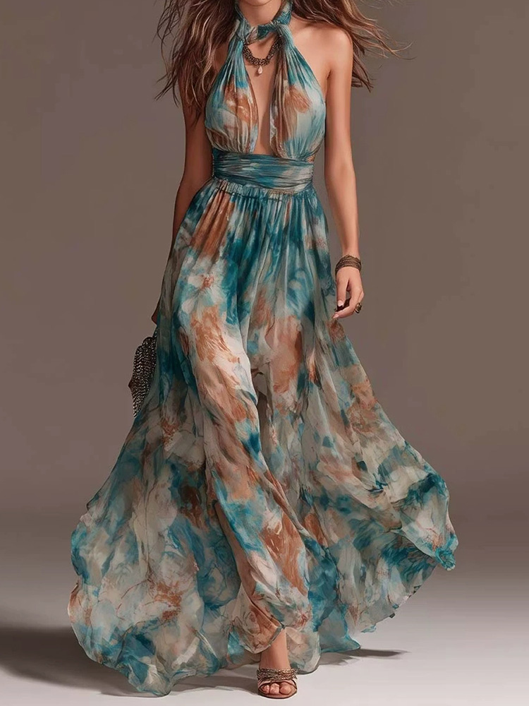 Bohemian Halter Smocked Waist Watercolor Print Maxi Dress