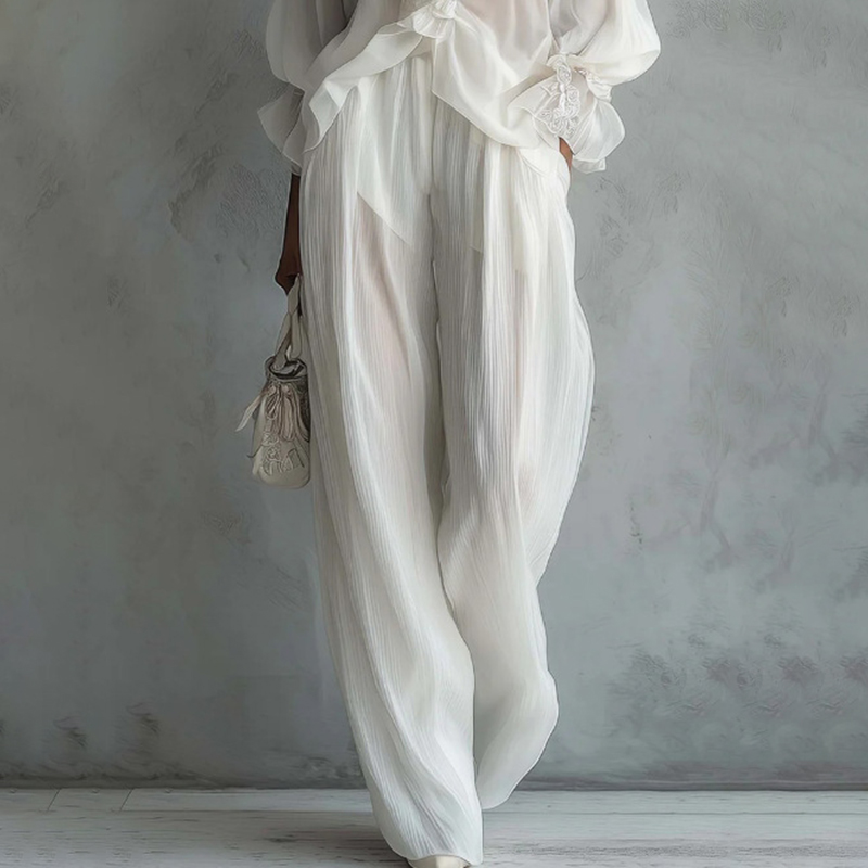 Elegant Lace Long-sleeved Shirt And Wide-leg Pants Set