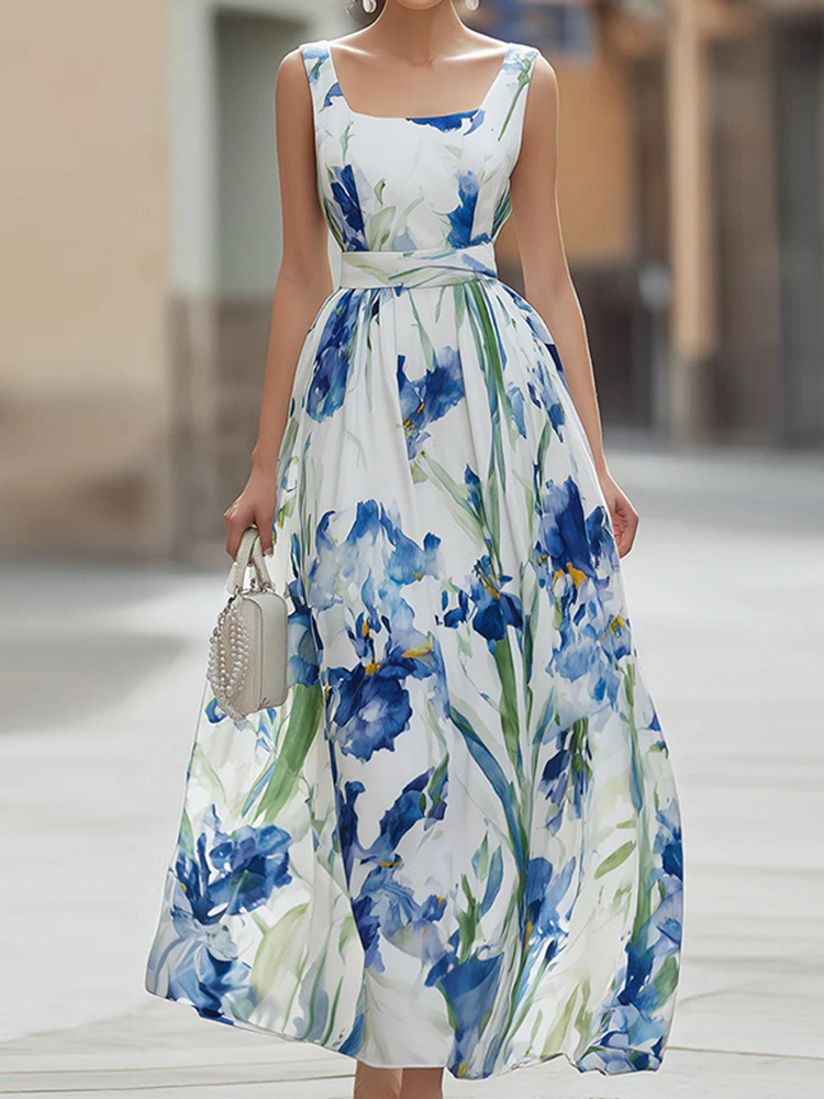 Elegant Watercolor Iris Print Square Neck Maxi Dress