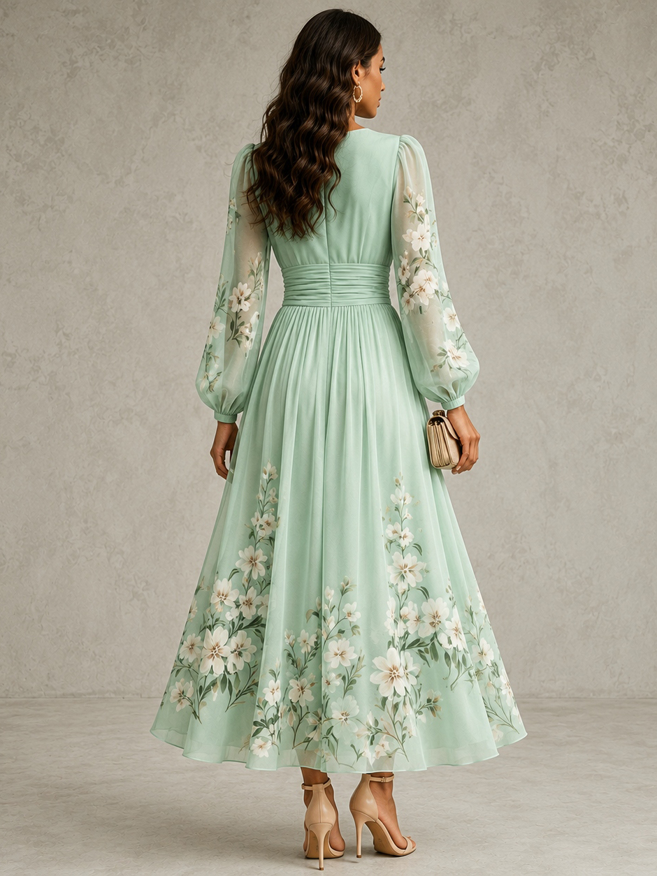 Elegant Floral Print Long-sleeved V-neck Pleated Dress