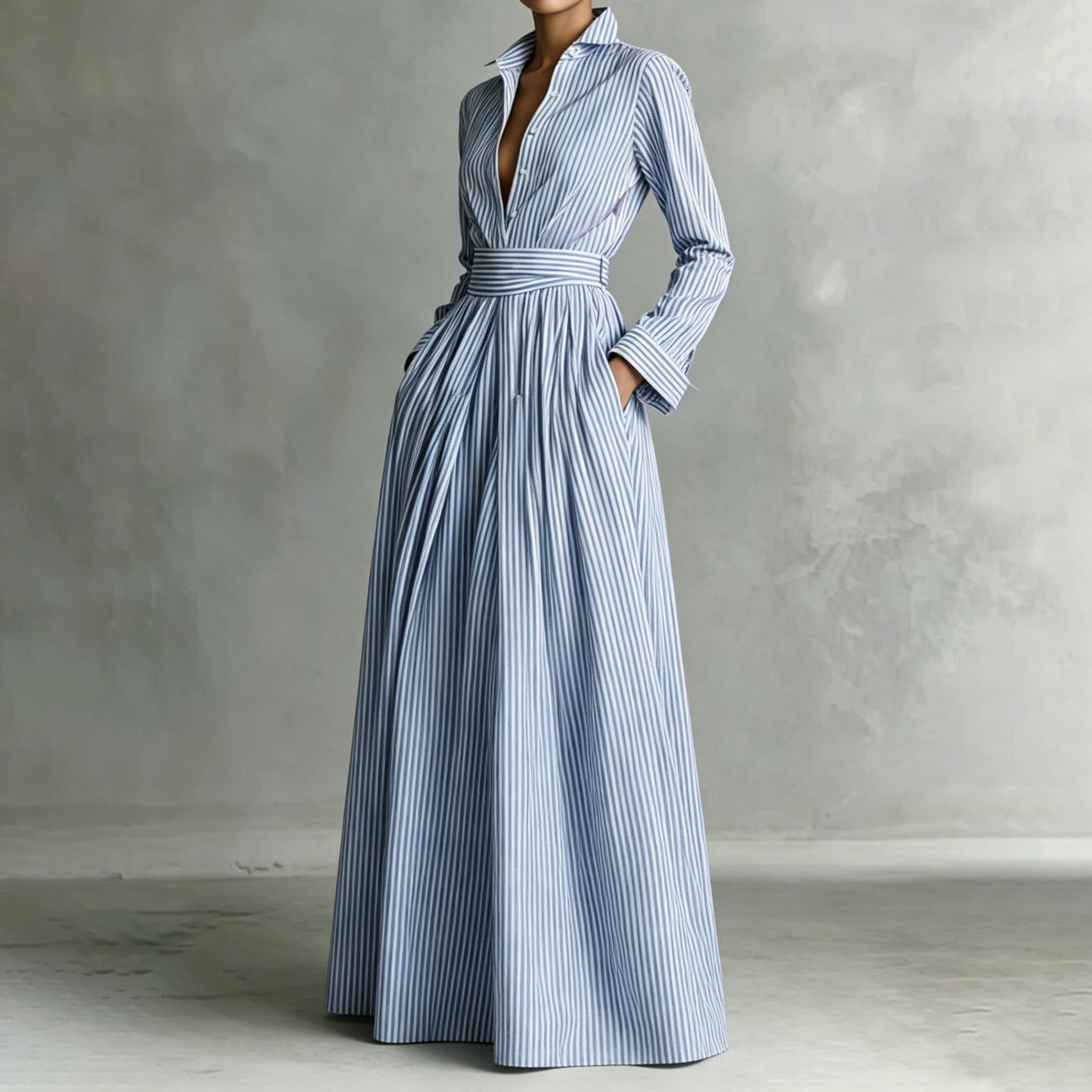 Elegant Striped Front-opening Long Shirt  Maxi Dress