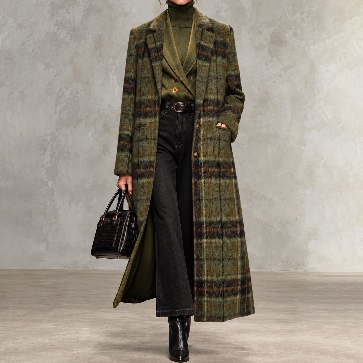 Elegant Long Plaid Wool Coat