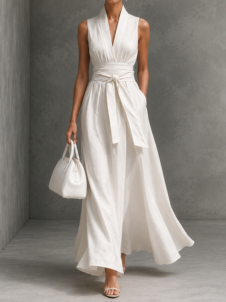 Elegant Solid Color V-neck Sleeveless Off-shoulder Fitted Waist Tie Maxi Dress