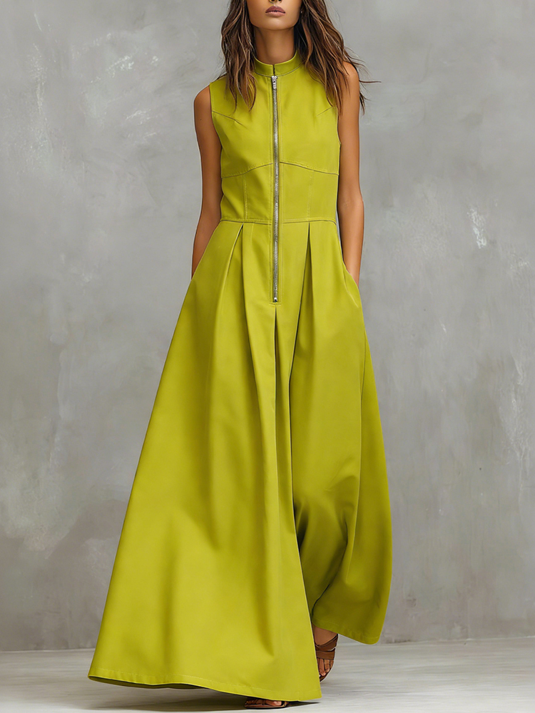 Vintage Round Neck Zip-up Comfy Maxi Dress