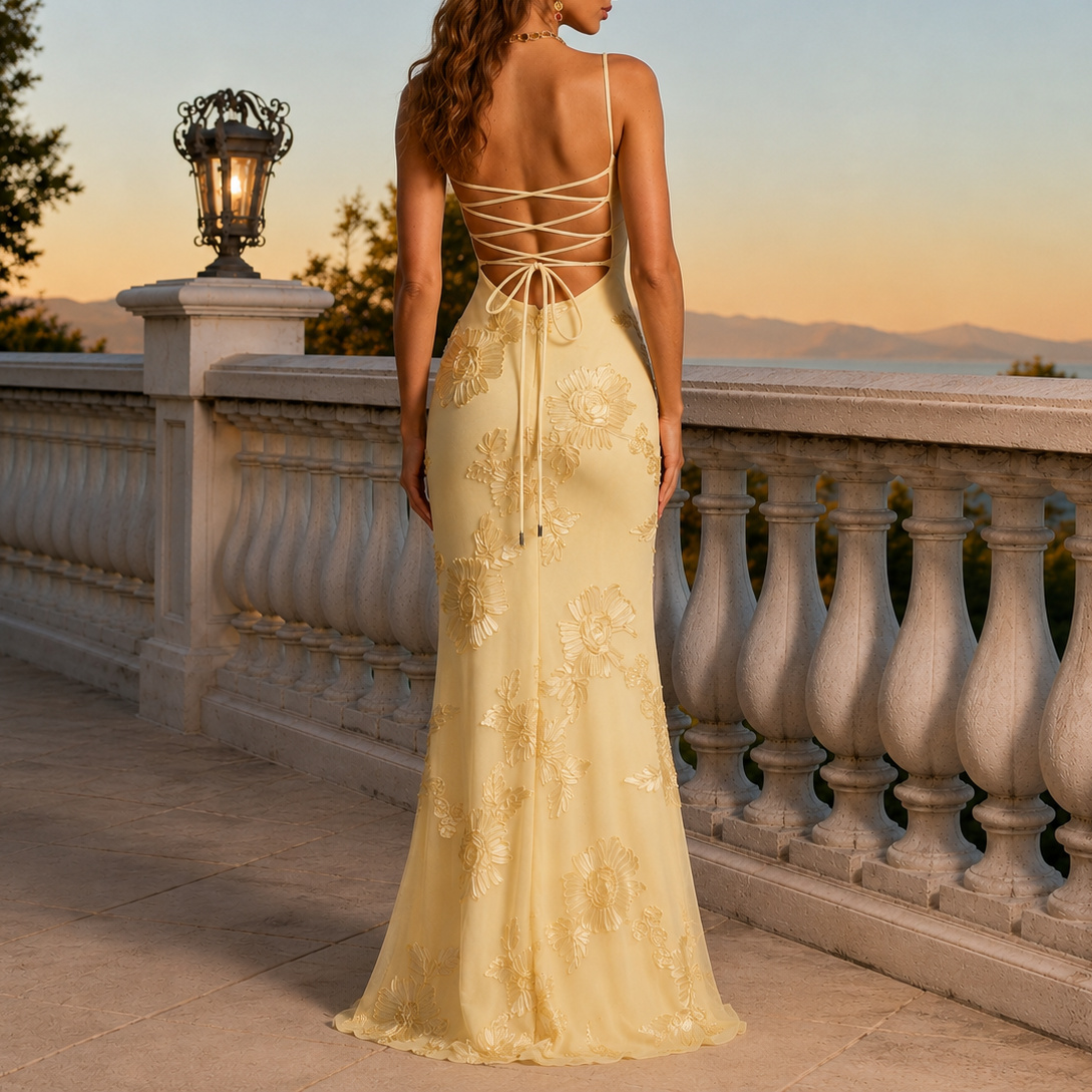Elegant Fitted French Backless Solid Color Jacquard Evening Dress