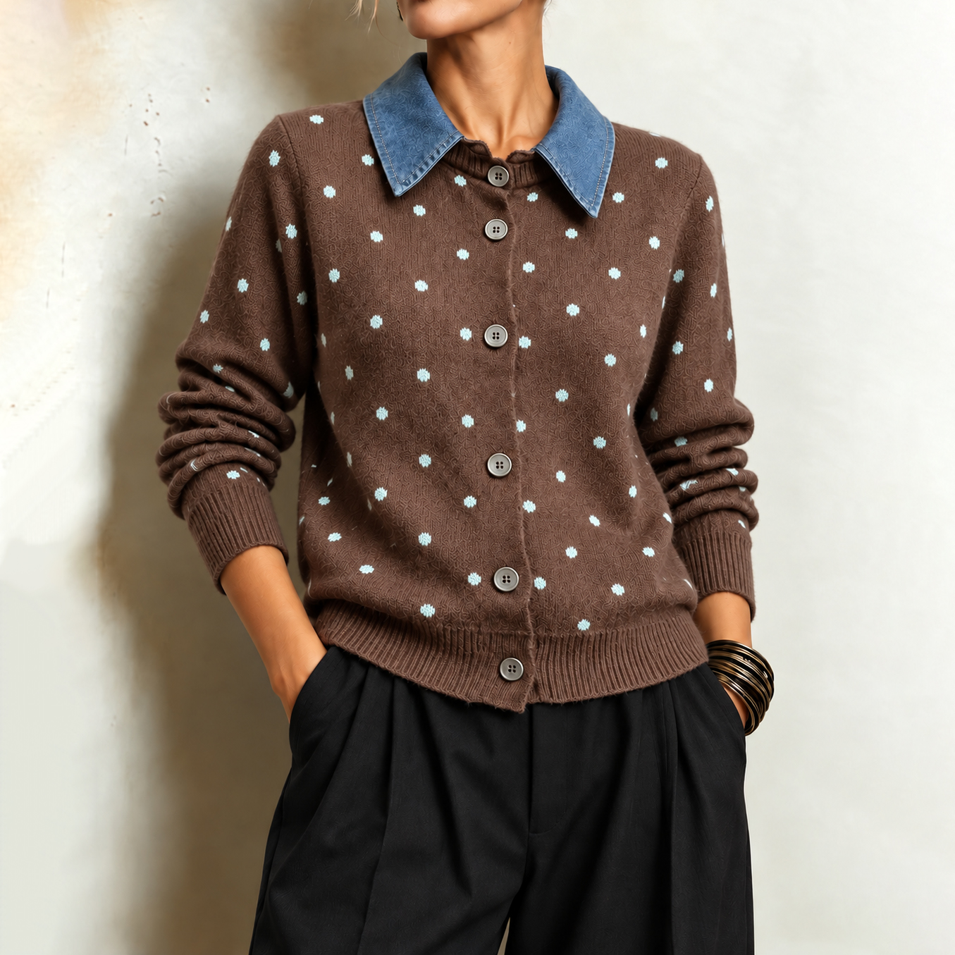 Women's Fall Winter Cozy Polka-dot "faux-layered" Denim Polo Collar Buttons Knit Cardigan