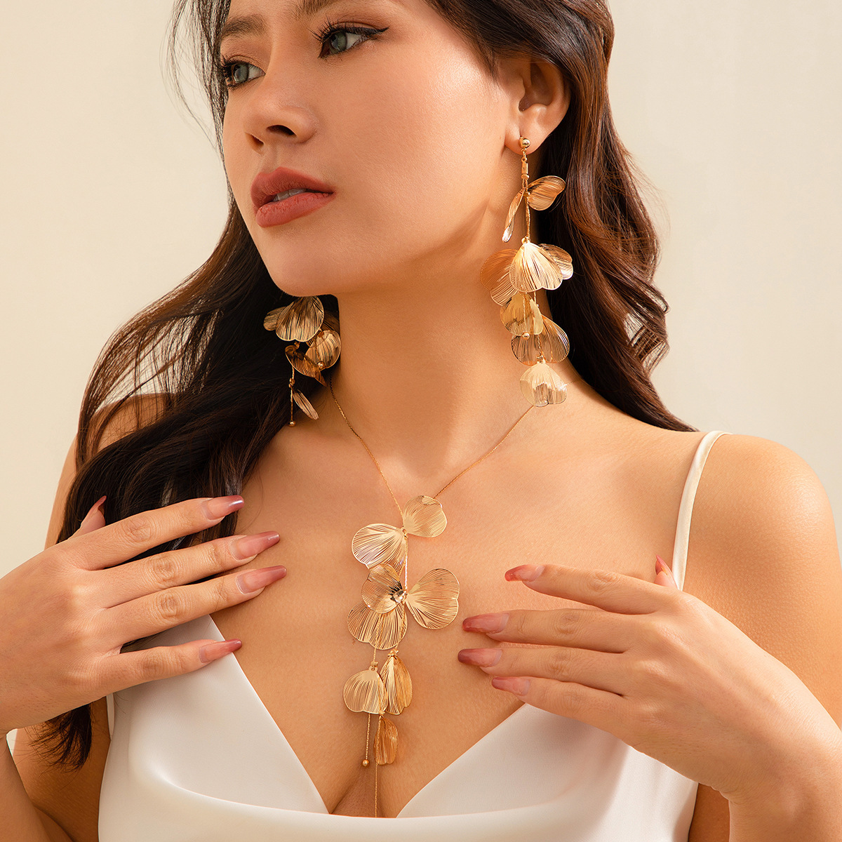 2pcs/set Ginkgo Leaf Tassel Necklace And Earrings Jewelry Set