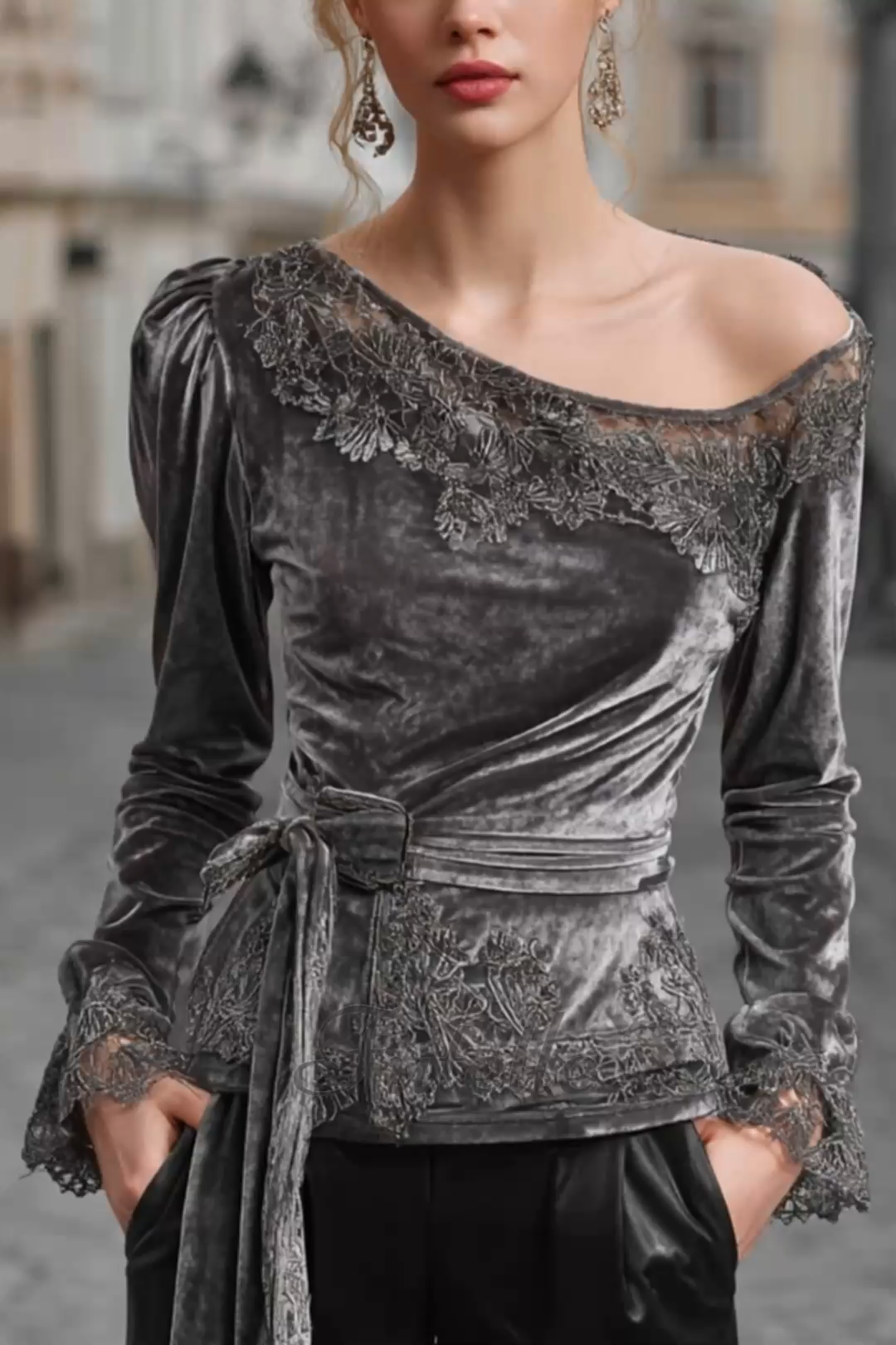 Elegant And High-end Lace-stitched Velvet Material Design Sense One-shoulder Top