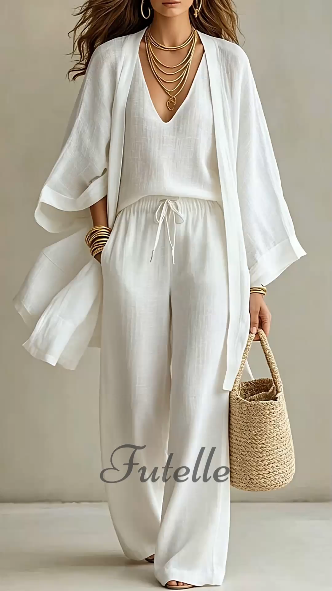 Casual V-neck Vest Wide-leg Pants Cardigan Three-piece Set