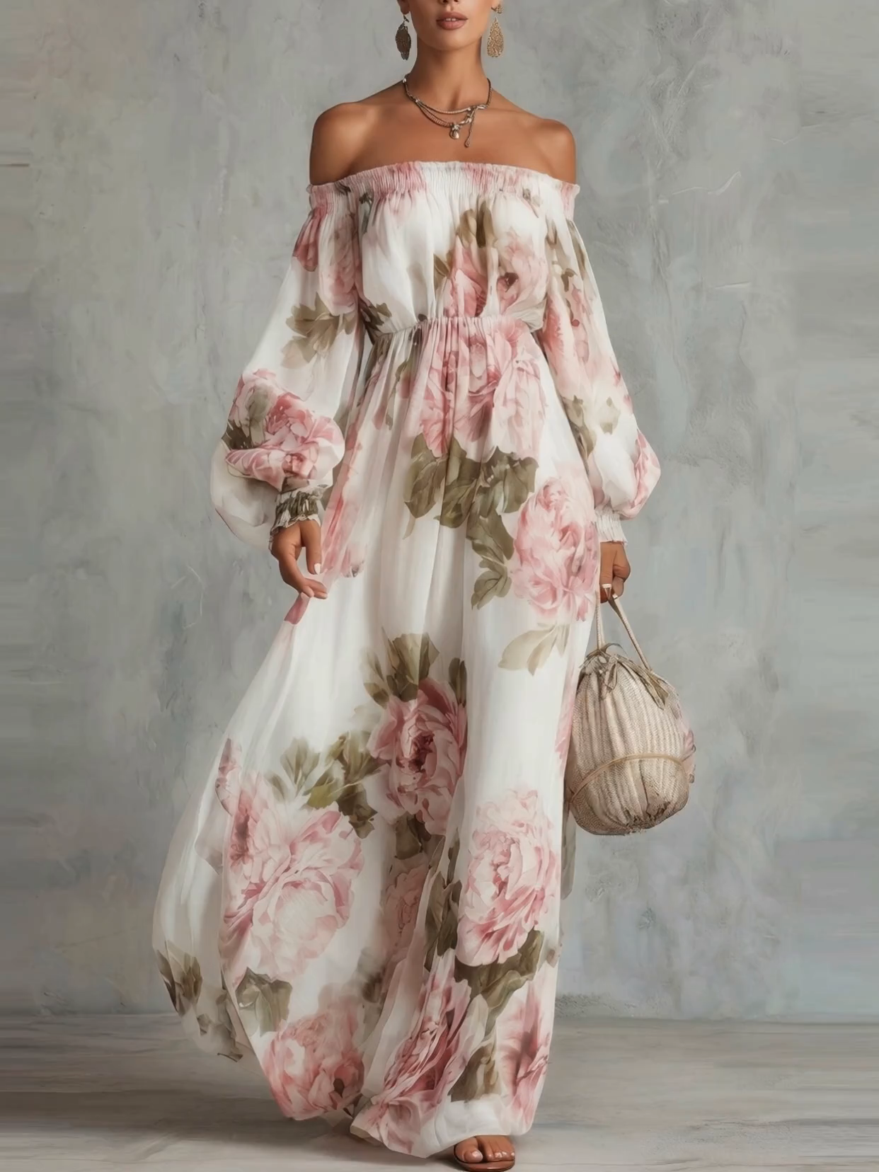 Fashion Printed One-shoulder Lantern Sleeve Elegant Dress