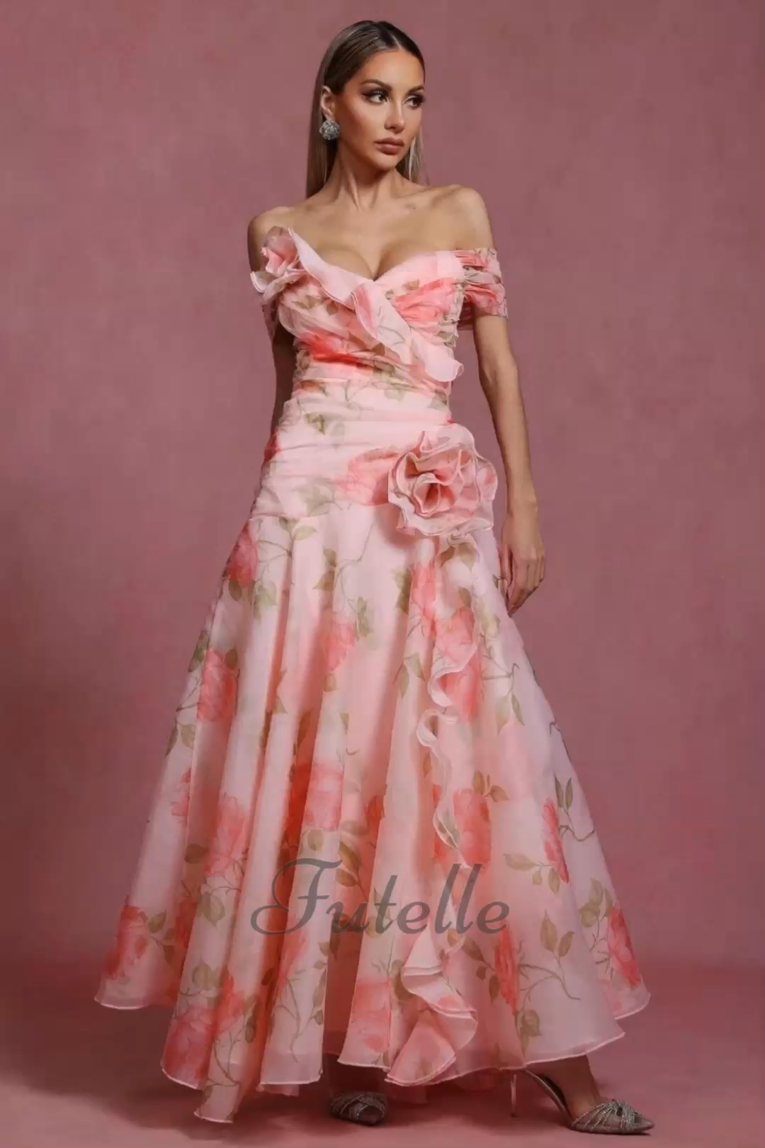 French Retro Floral Waist Casual Printed Off Shoulder Dress