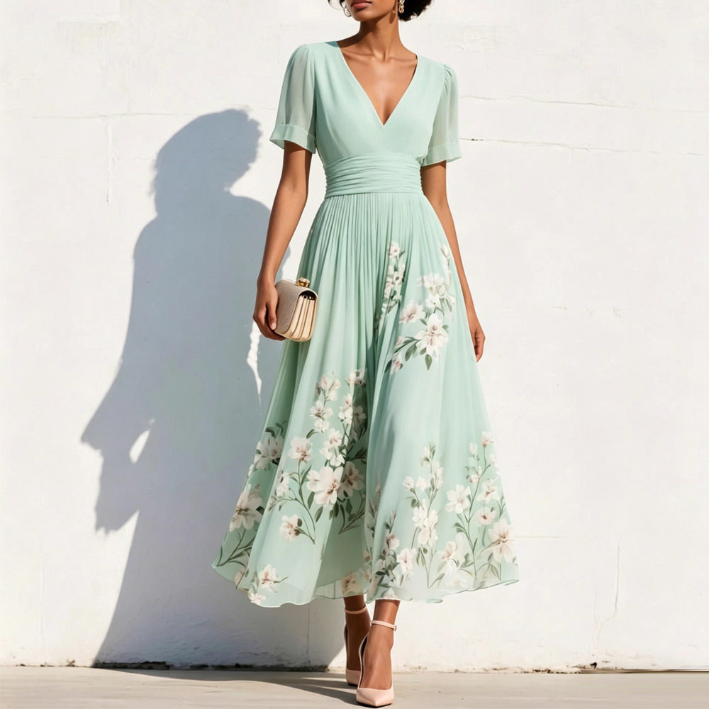 Elegant Floral Print V-neck Short Sleeves Pleated Dress