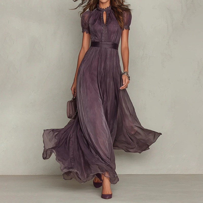 Elegant Turtleneck Lace Spliced ​​flowing Chiffon Dress