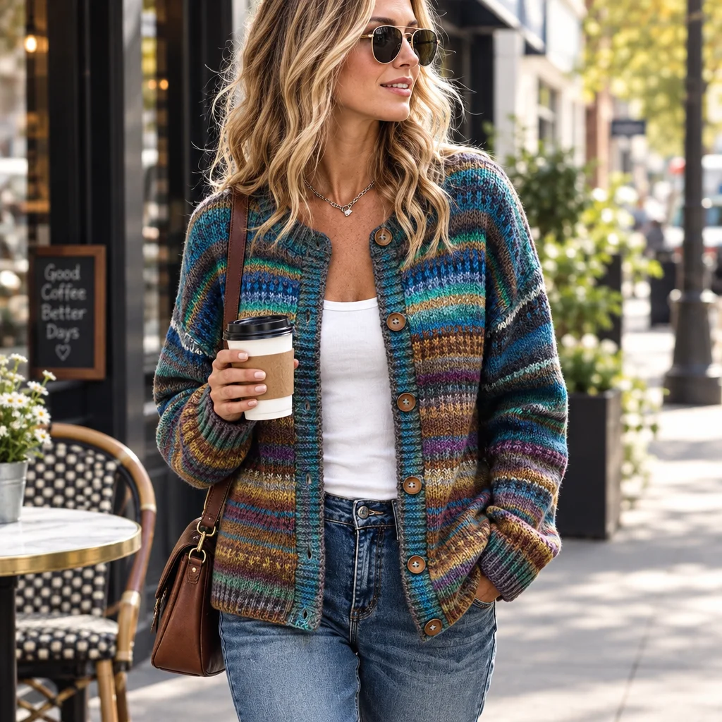 Women's Vintage Teal Multicolor Stripe Pattern Relaxed Fit Button Front Knit Cardigan Sweater