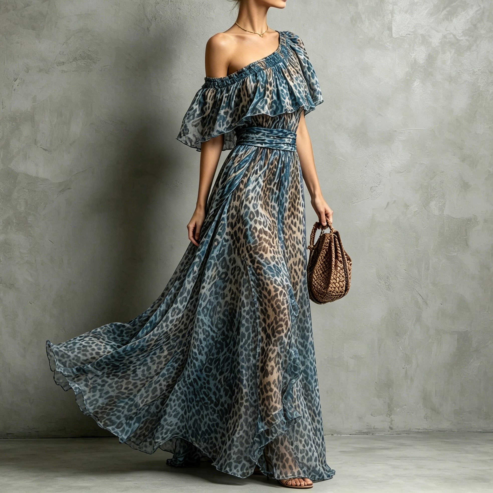 Retro Leopard Print Chiffon Off-shoulder Ruffle Waist Maxi Dress