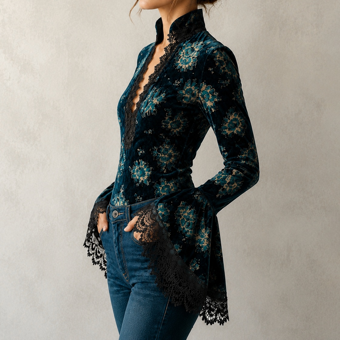Elegant Lace-trimmed V-neck Long Sleeves Blouse