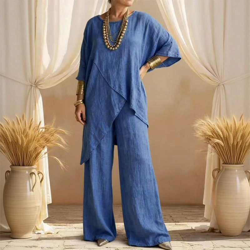 Women's Comfy Linen Blend Flowy Double Layer Design Top And Pants Two-piece Set