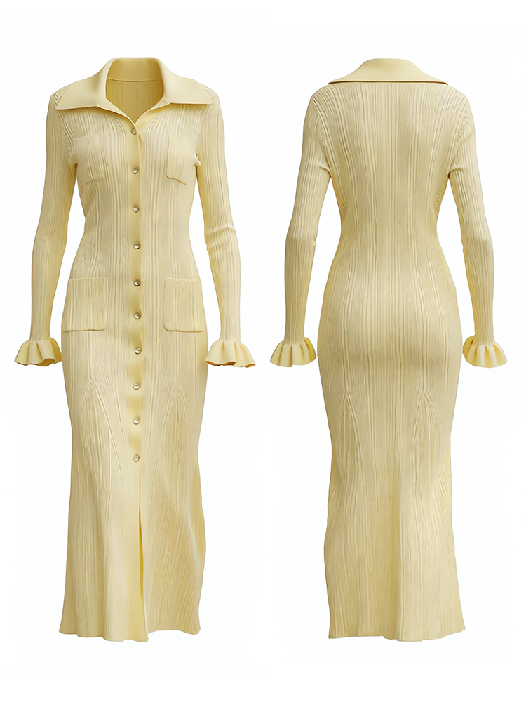 Elegant Lapel Buttoned Cozy Knit Maxi Dress