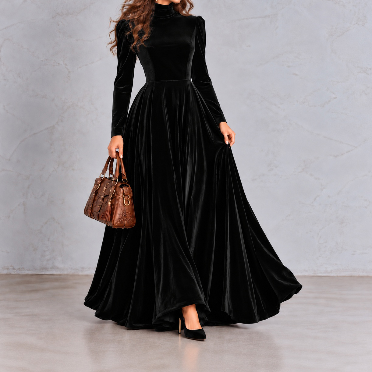 Velvet High-neck Voluminous Maxi Dress