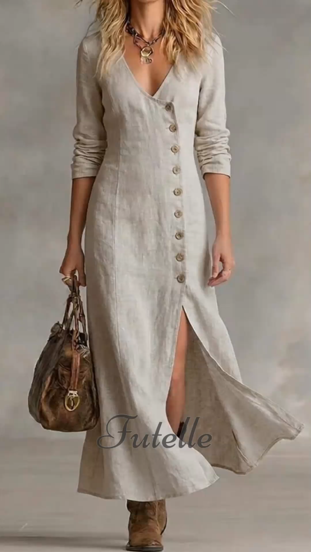 Casual Linen Long-sleeved Button Placket Dress
