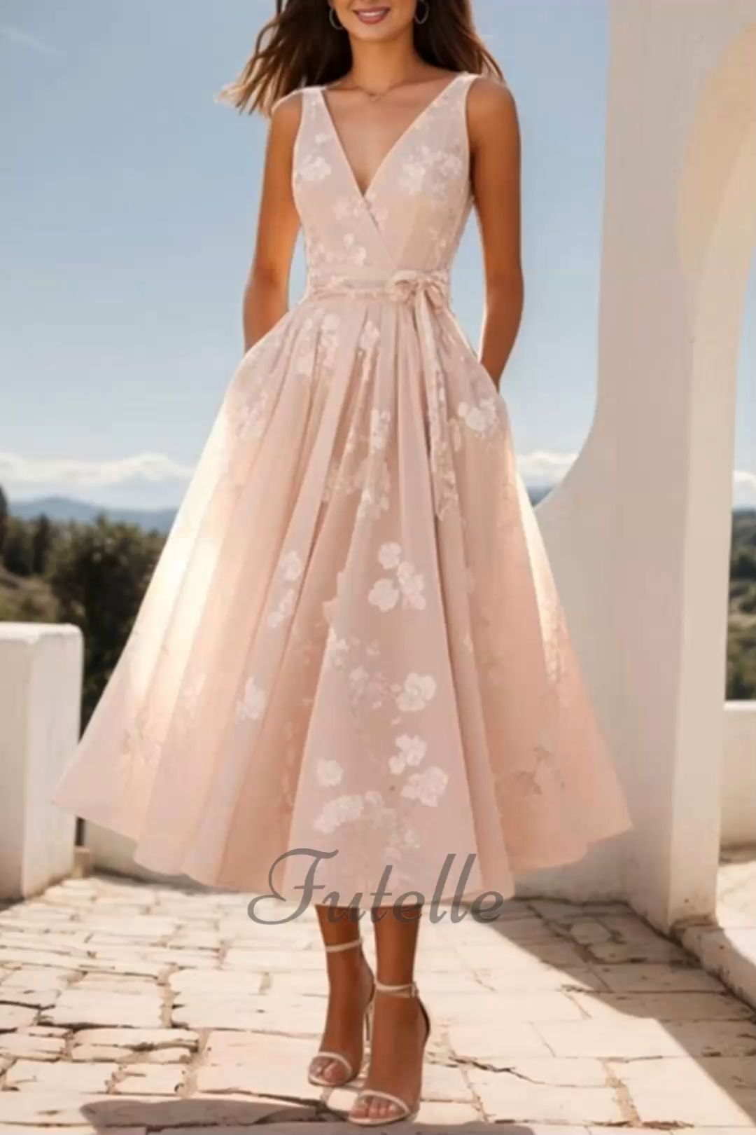 Women's Bow Belt Digital Print Sleeveless V-neck Midi Dress