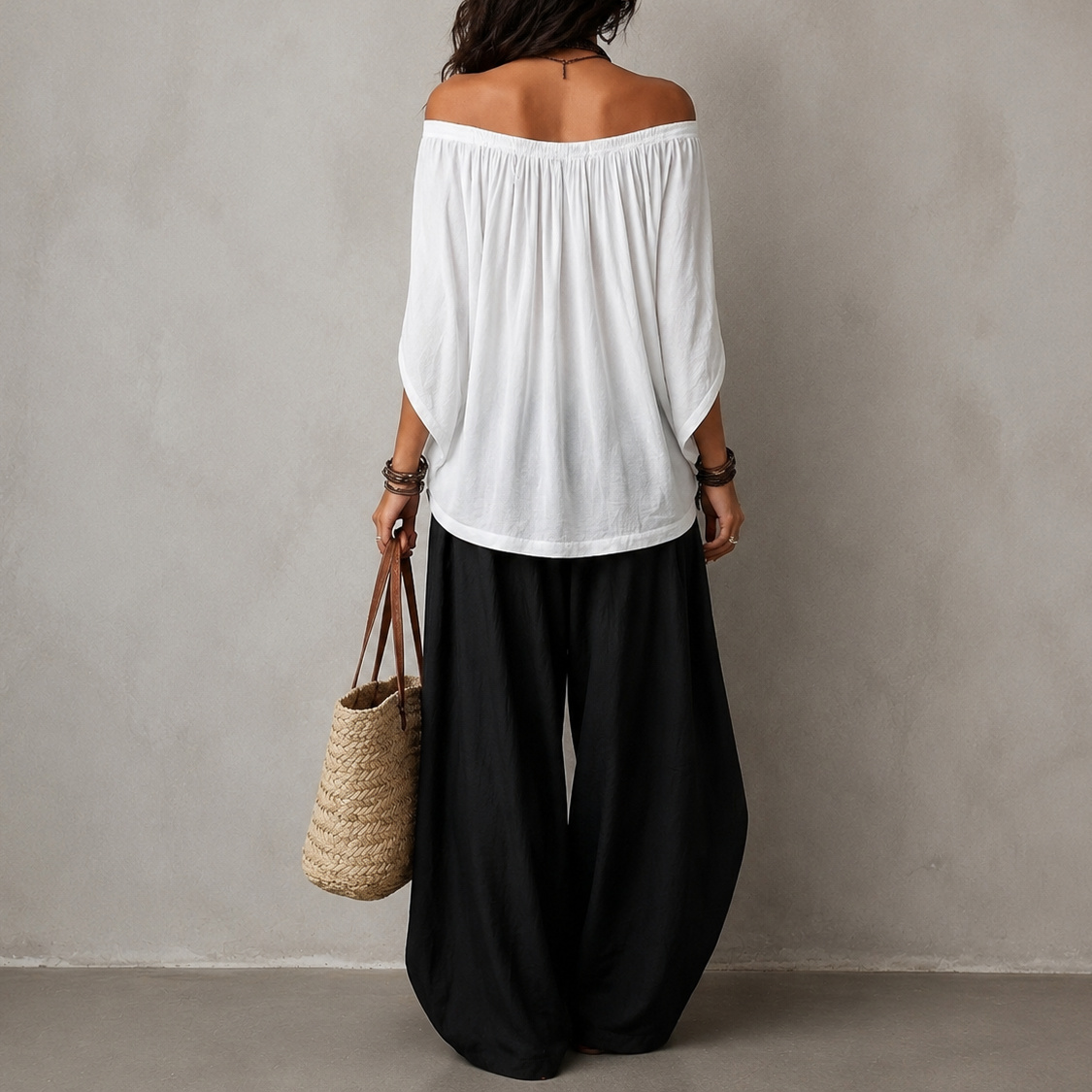 Retro Two-piece Set Wide-leg Pants + Off-the-shoulder Top