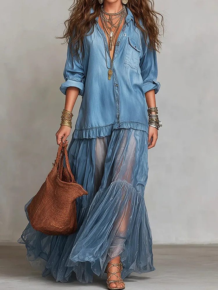 Retro Lapel Denim Splicing Mesh Casual Pocket Dress
