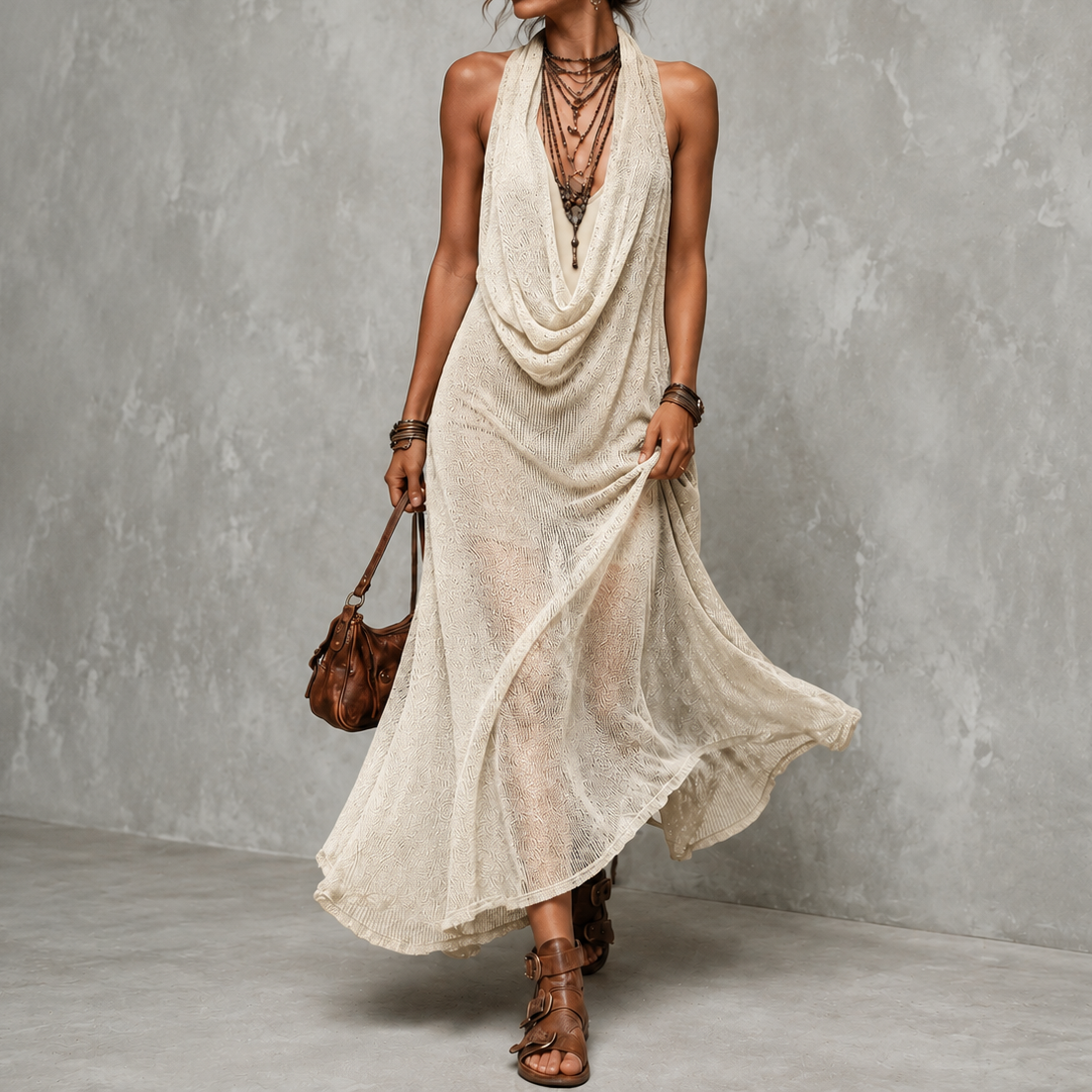 Retro Halter Neck Knit Camisole Dress Two-piece Set Maxi Dress