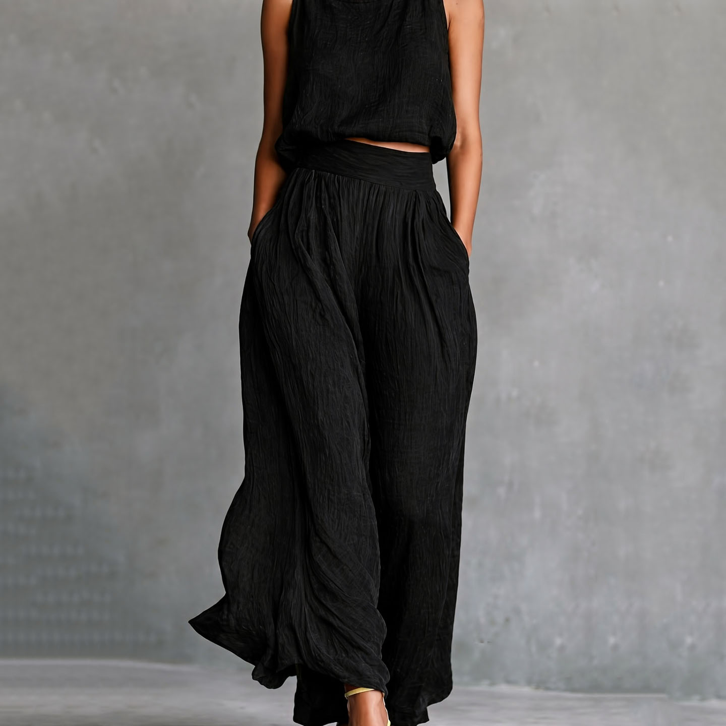 Casual Sleeveless Loose Round Neck Top Wide Leg Pants Two-piece Set